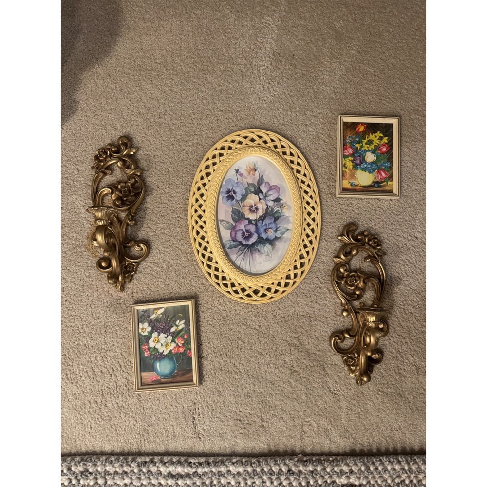 Original Vintage Framed Floral Print Pair Mid Century Cottagecore Wall Art - Picture 8 of 11